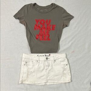 A|X Gray T-Shirt with Red Print and White Denim Skirt